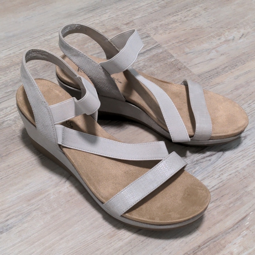 Strappy taupe snakeskin elastic band wedges heels